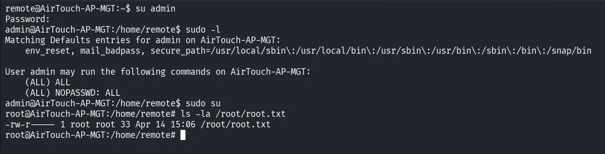 Switching to admin and root shell