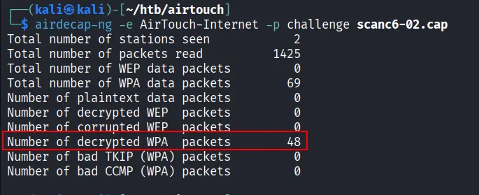 Airdecap output showing decrypted packets