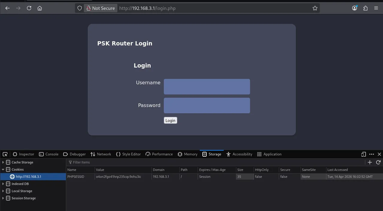 Login page on internal router application