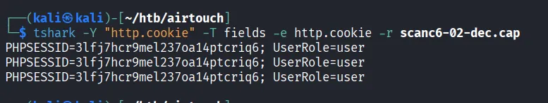 Tshark output extracting HTTP cookies