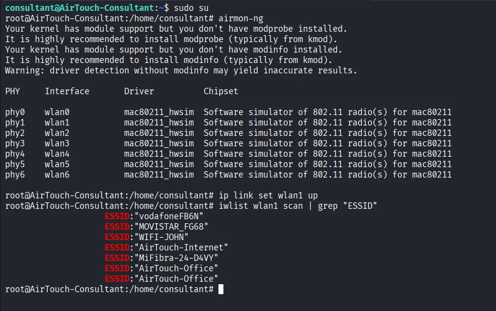Wireless interface and ESSID scan results